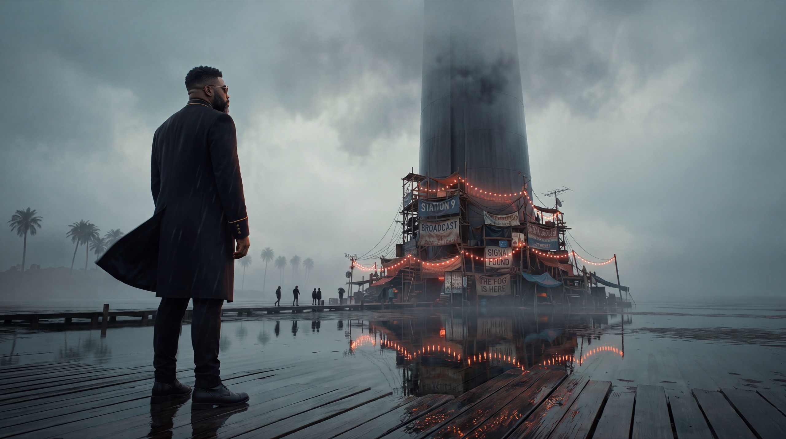 The Commander on the wet boardwalk, coat blowing, looking at Station 9